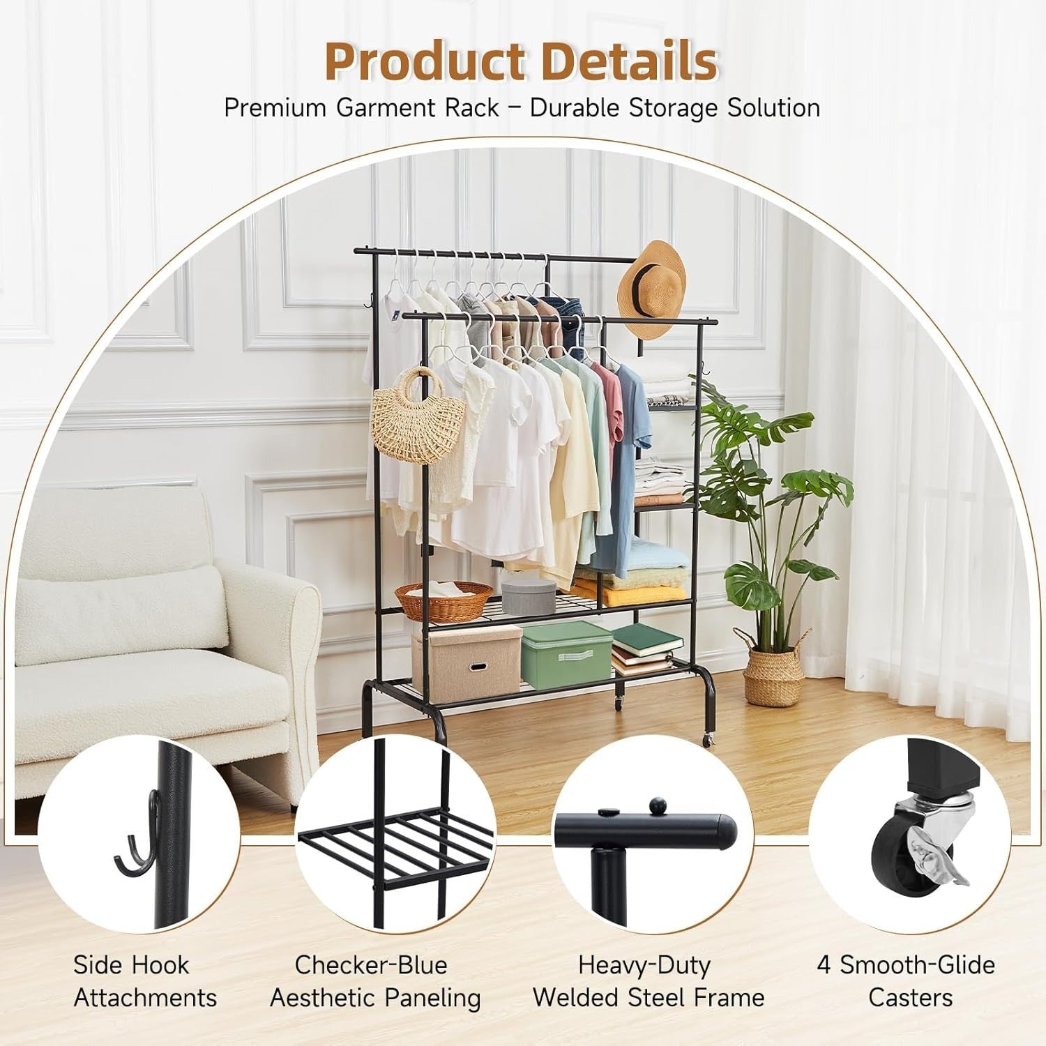Heavy Duty Clothes Rail Double Hanging Rack Shelves Black