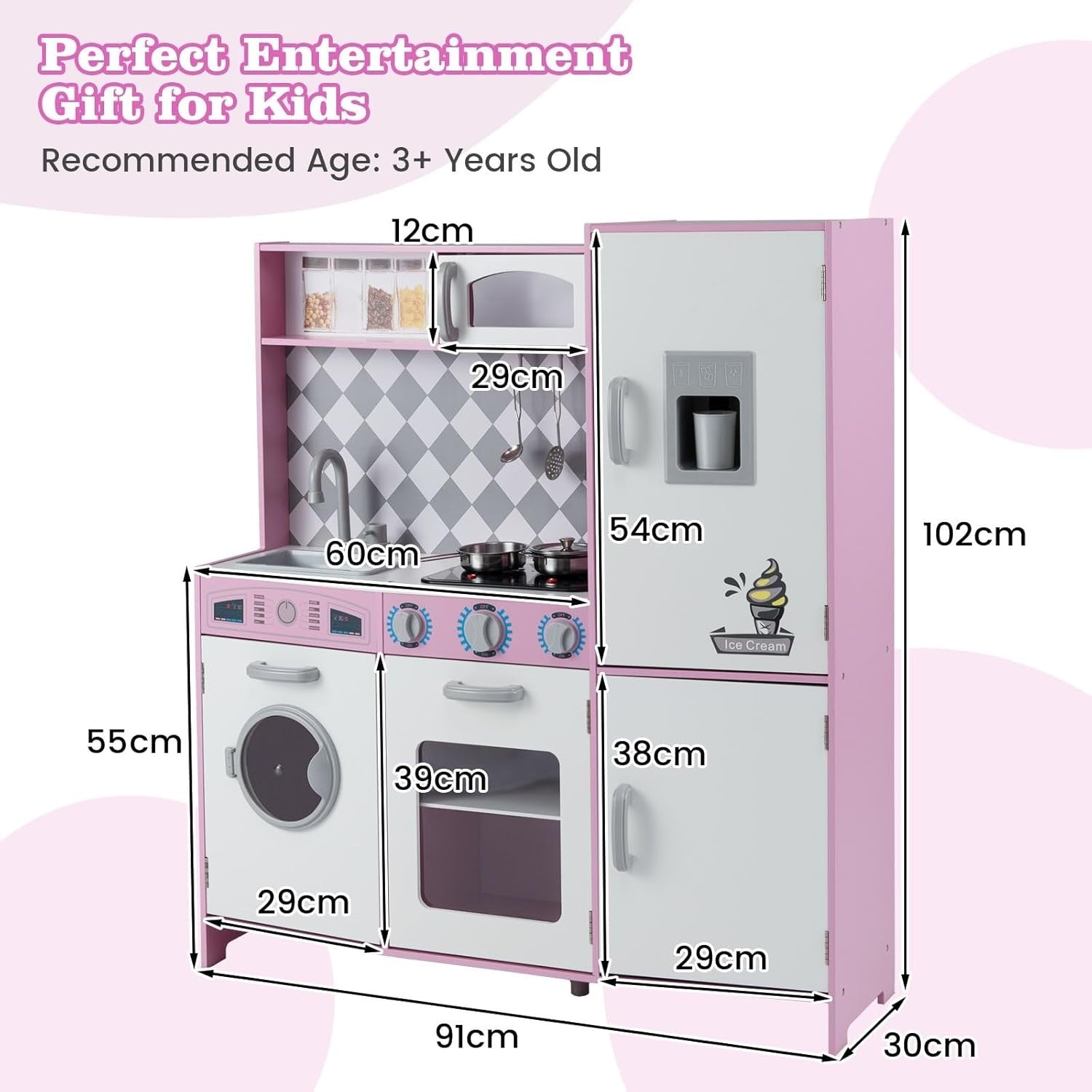 Large Wooden Kids Play Kitchen Pink White Lights Sounds Toy Set