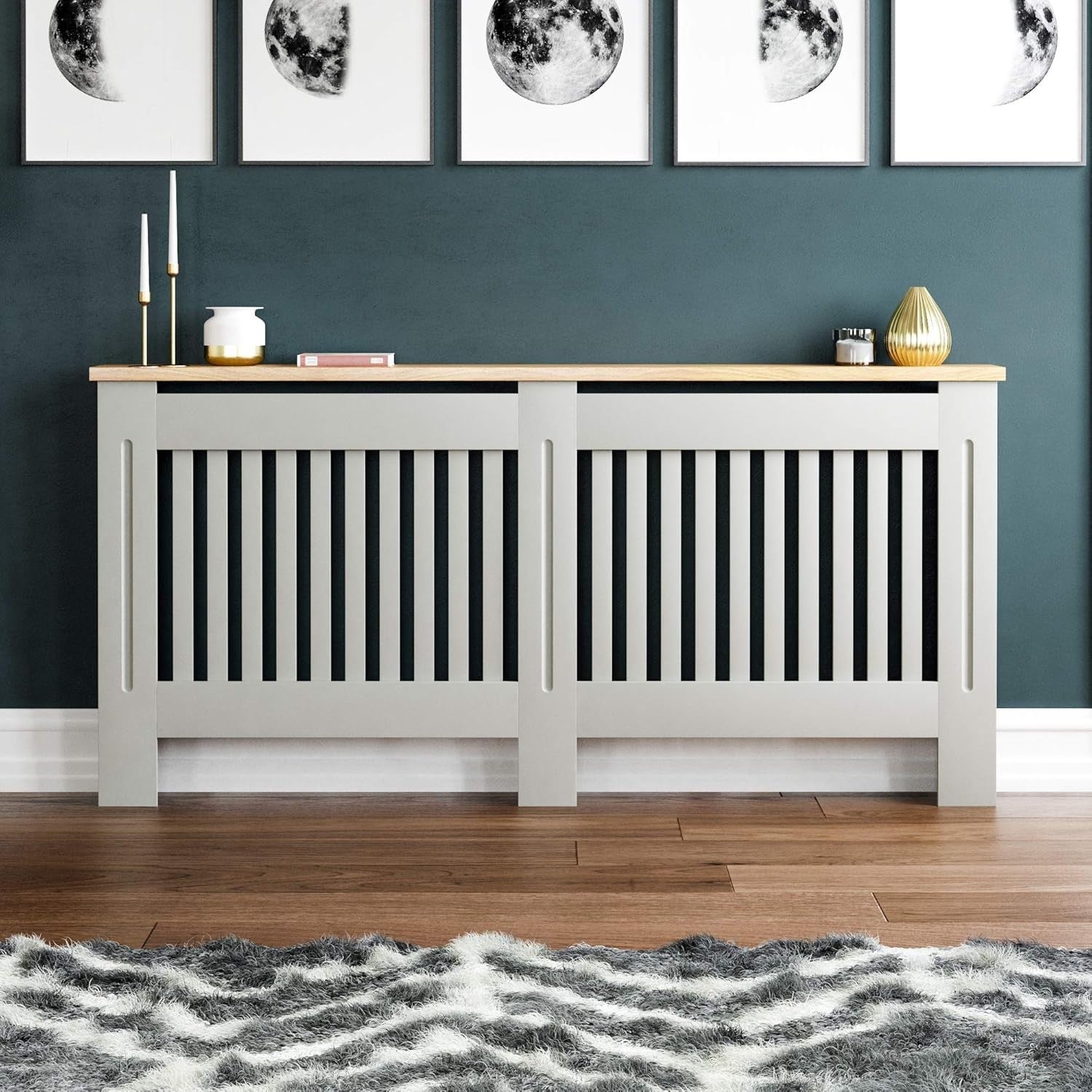 Extra Large Olive Grey Radiator Cover Cabinet MDF Slatted With Wooden Shelf