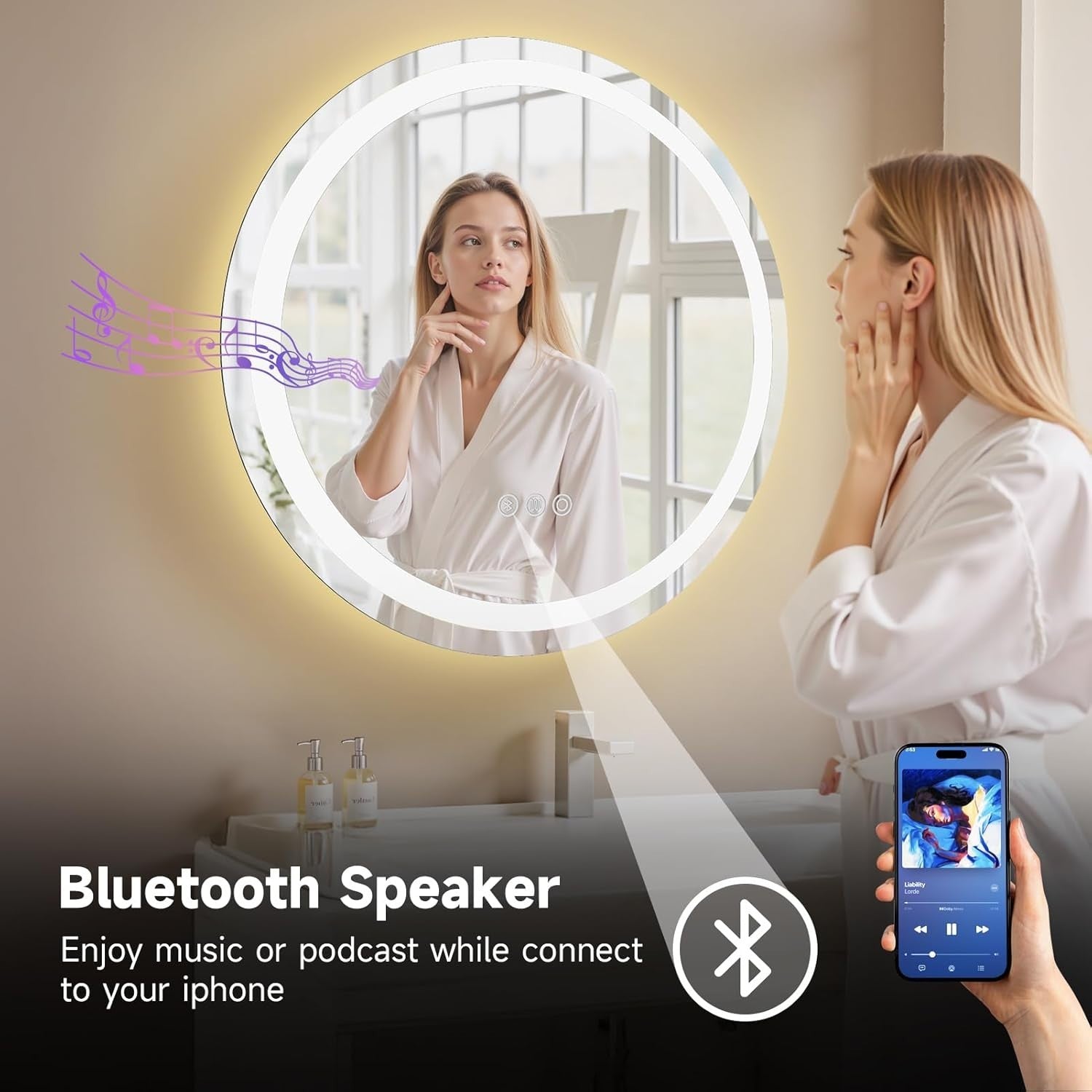 LED Bathroom Mirror 50cm Round with Bluetooth Speaker Anti-Fog Touch Light