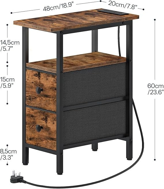 Slim Bedside Table with LED Light & Charging Ports, Narrow Nightstand Drawers