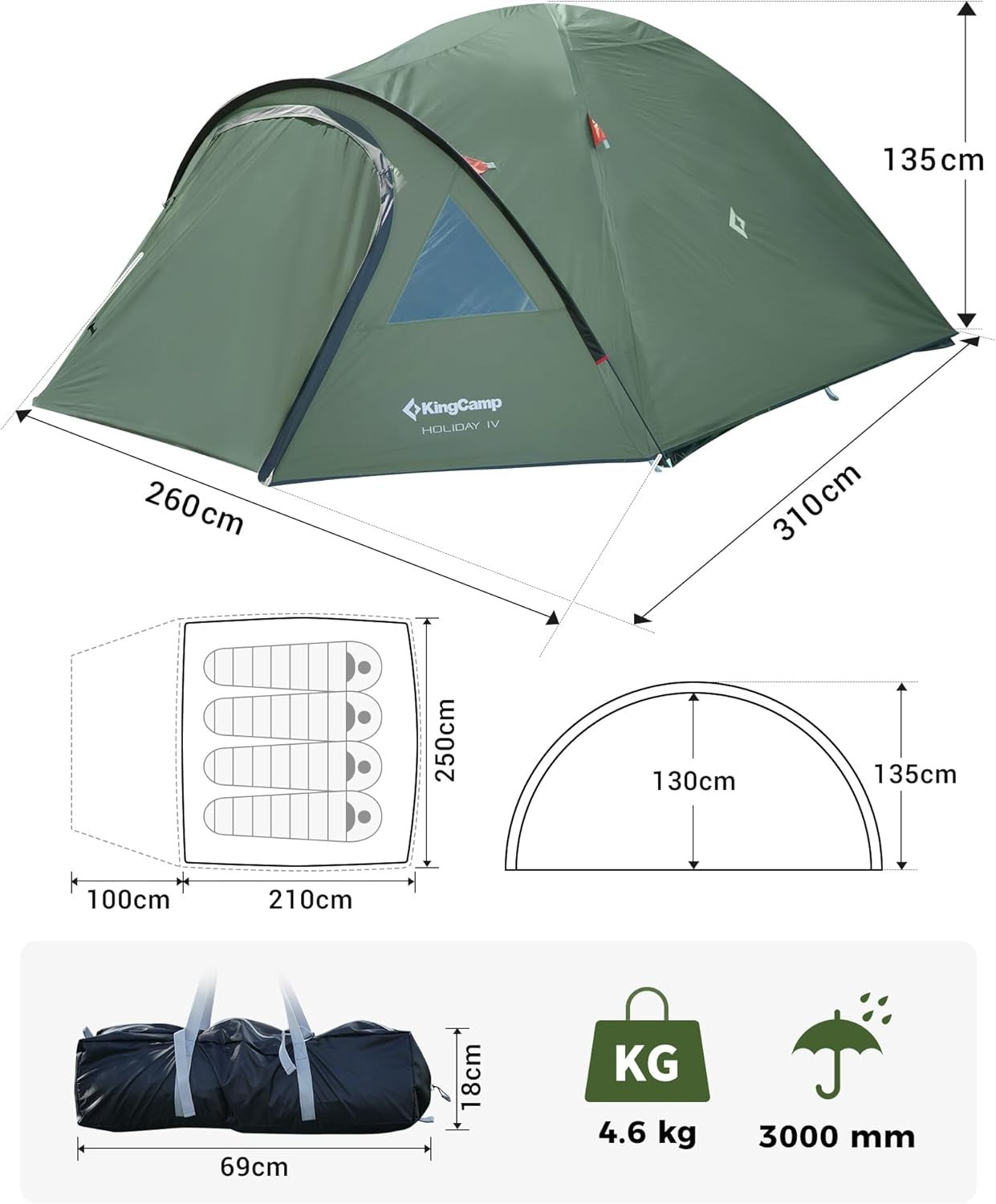 KingCamp 4-Person Dome Camping Tent Waterproof Outdoor Festival