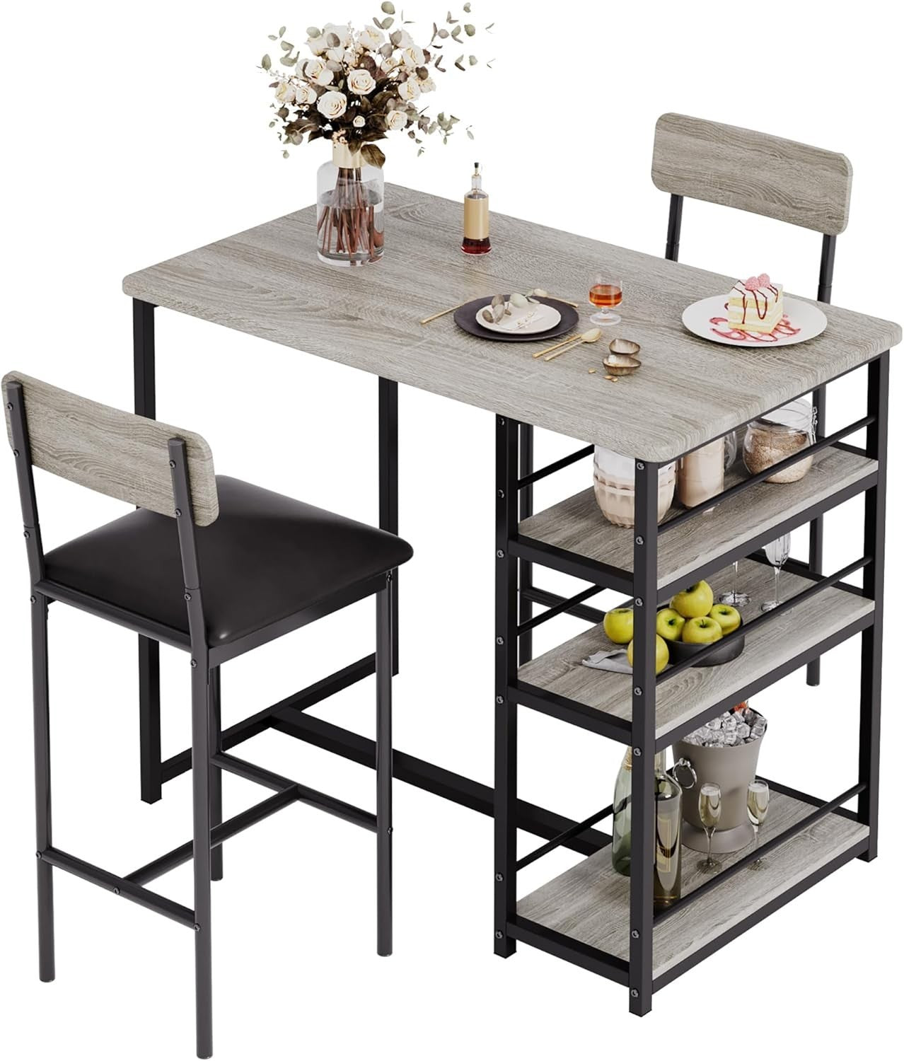 3 Piece Bar Table Set 2 PU Leather Stools & Storage Shelf High Dining Furniture