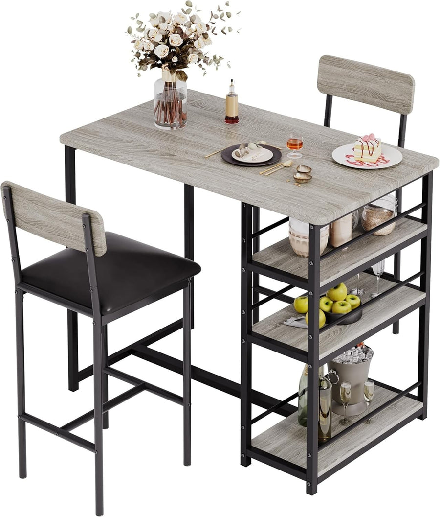 3 Piece Bar Table Set 2 PU Leather Stools & Storage Shelf High Dining Furniture