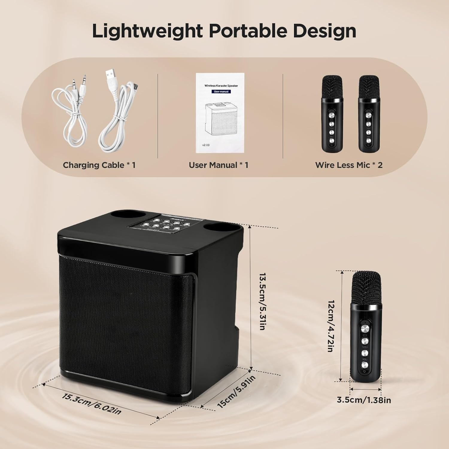 Black Portable Karaoke Machine 2 Wireless Mics Bluetooth Speaker
