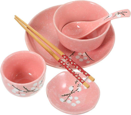 Japanese Style Ceramic Dinnerware Set Pink Bowl Plate Cup Spoon Chopsticks