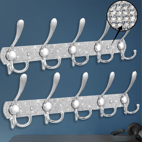 Luxury Wall Mounted Coat Rack Rhinestone Hooks 2Pack Heavy Duty Silver Hanger