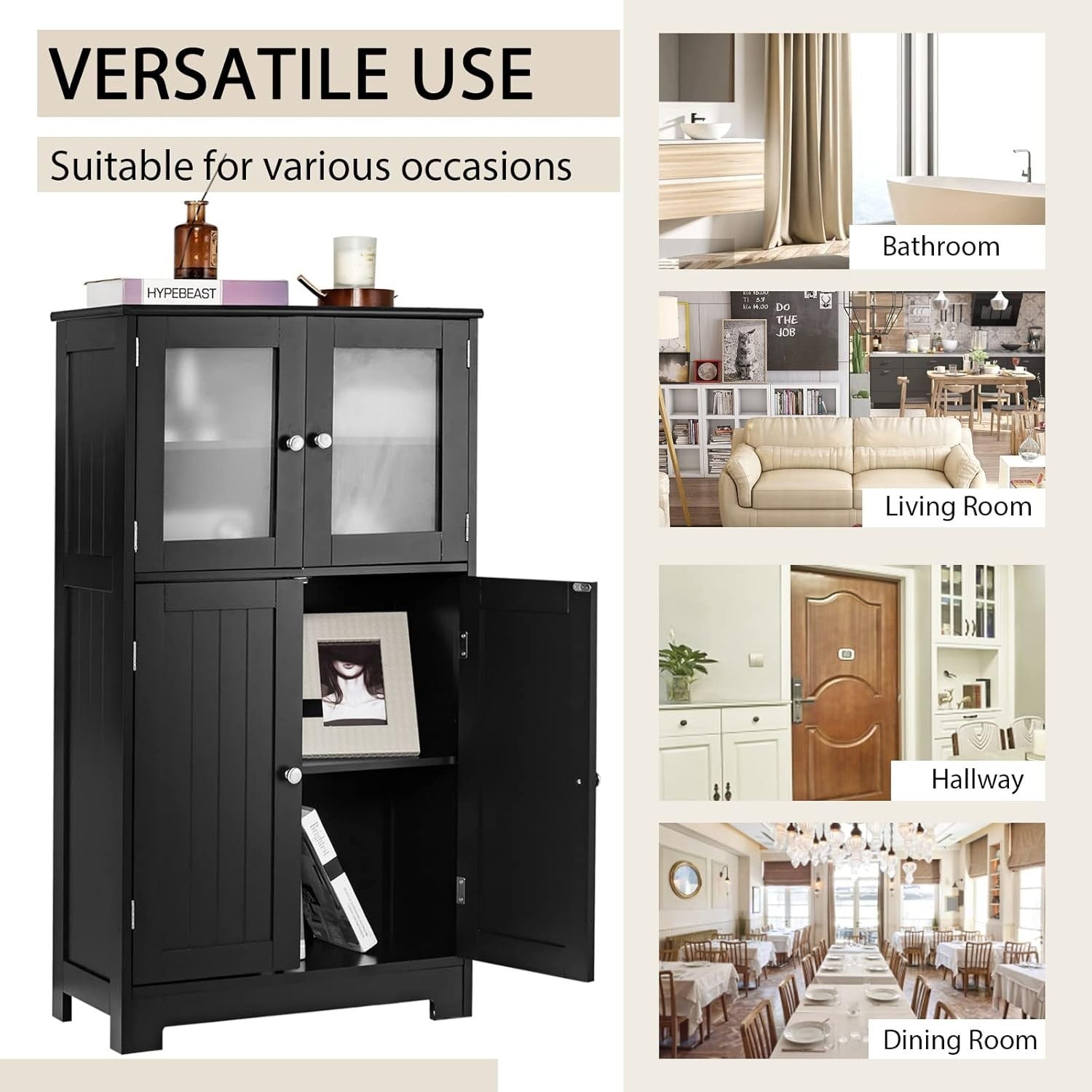 Bathroom Floor Cabinet Freestanding with Tempered Glass & Adjustable Shelves