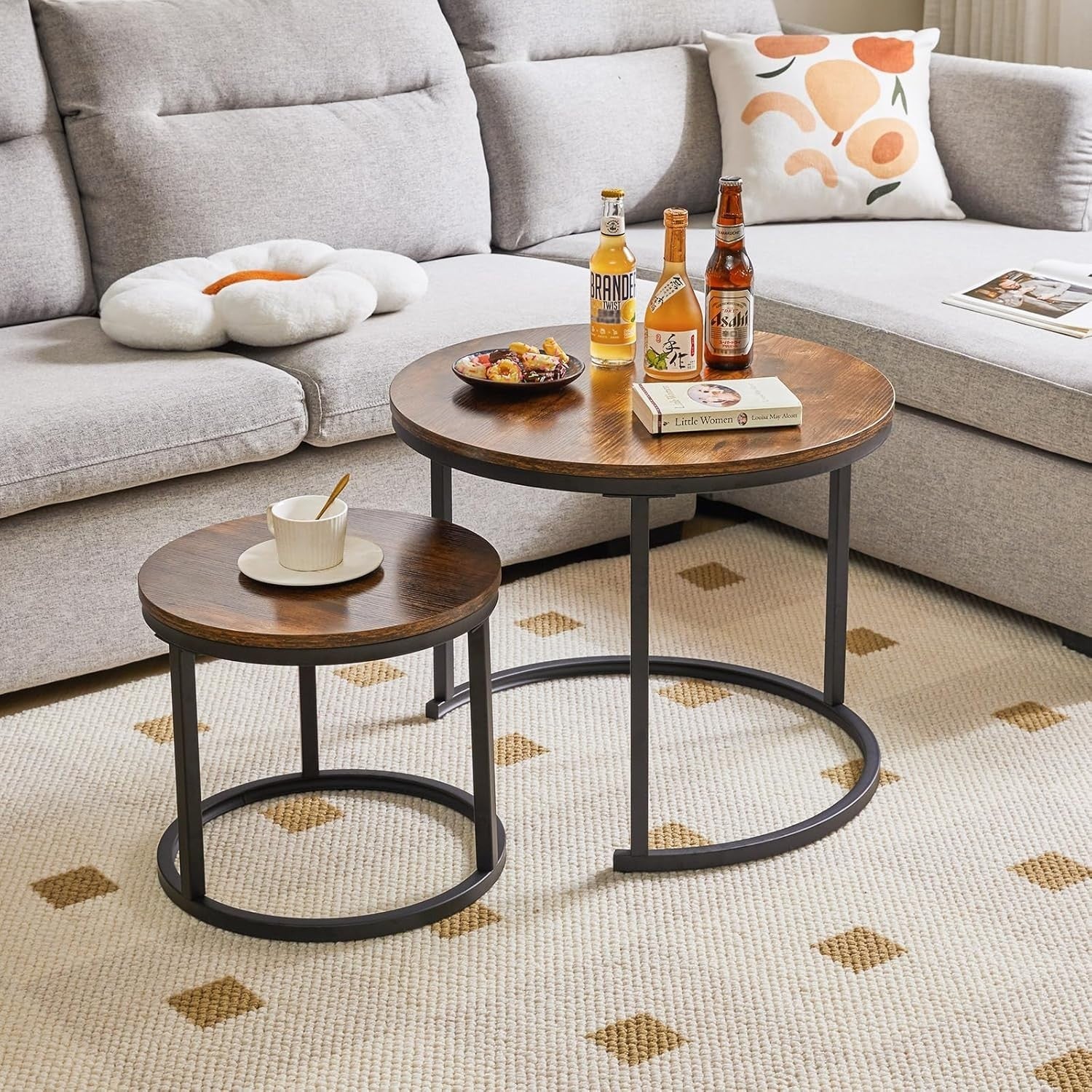 Round Nesting Coffee Tables Set of 2 | Rustic Wood & Metal Side Table for Living