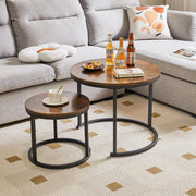 Round Nesting Coffee Tables Set of 2 | Rustic Wood & Metal Side Table for Living