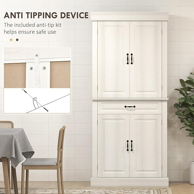 Tall White Kitchen Storage Cabinet with 4 Doors & Drawer, Freestanding Cupboard