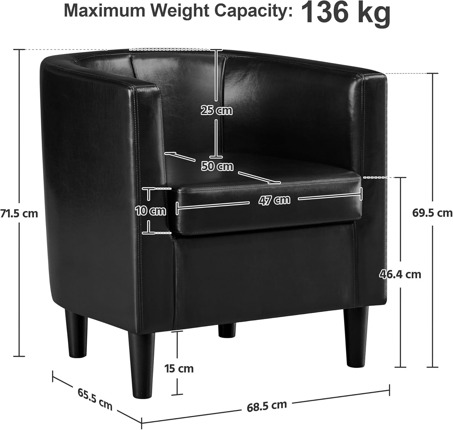 Black PU Leather Tub Chair Modern Accent Armchair