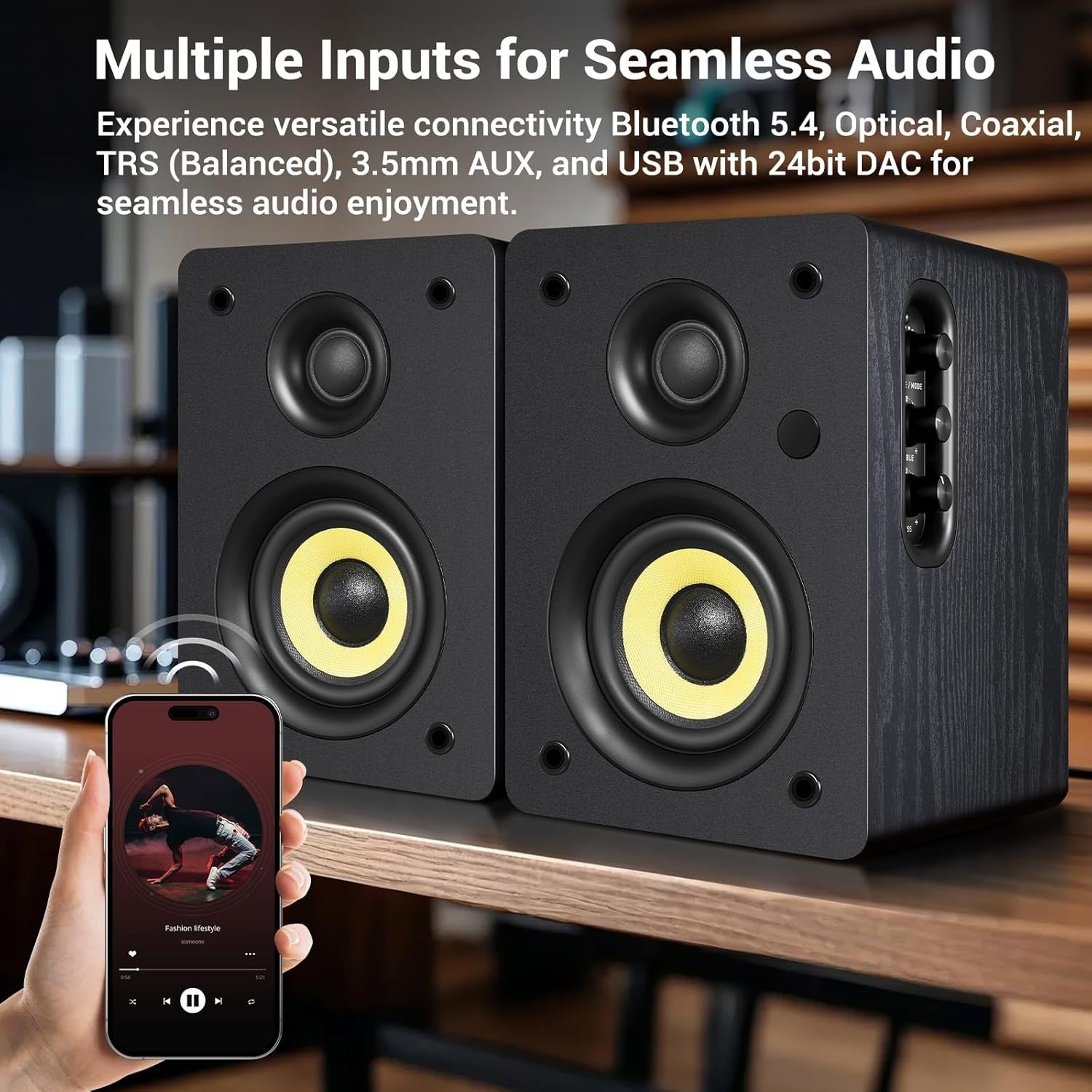 HiFi Studio Bluetooth 5.4 Bookshelf Speakers with Optical Coaxial USB DAC Remote