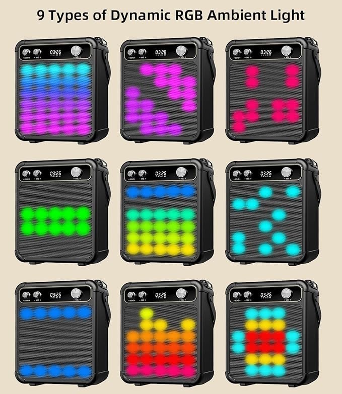 Portable Bluetooth Karaoke Machine with 2 Wireless Mics, LED Lights & Echo
