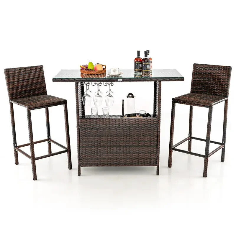 3-Pc Rattan Bar Table & Stools Set – Counter-Height Glass Top Patio Bistro