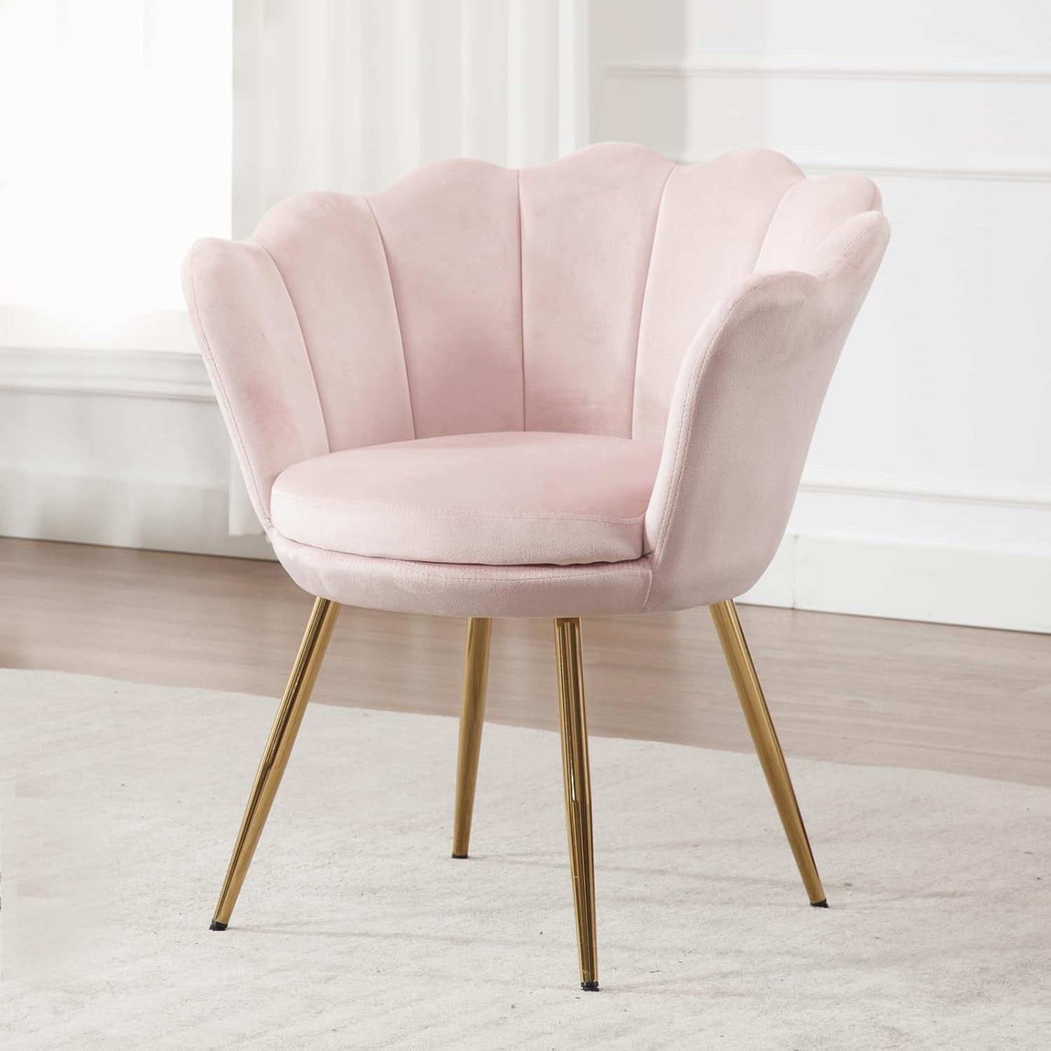 Light Pink Velvet Lounge Chair Gold Legs | Petal Back Armchair for Bedroom