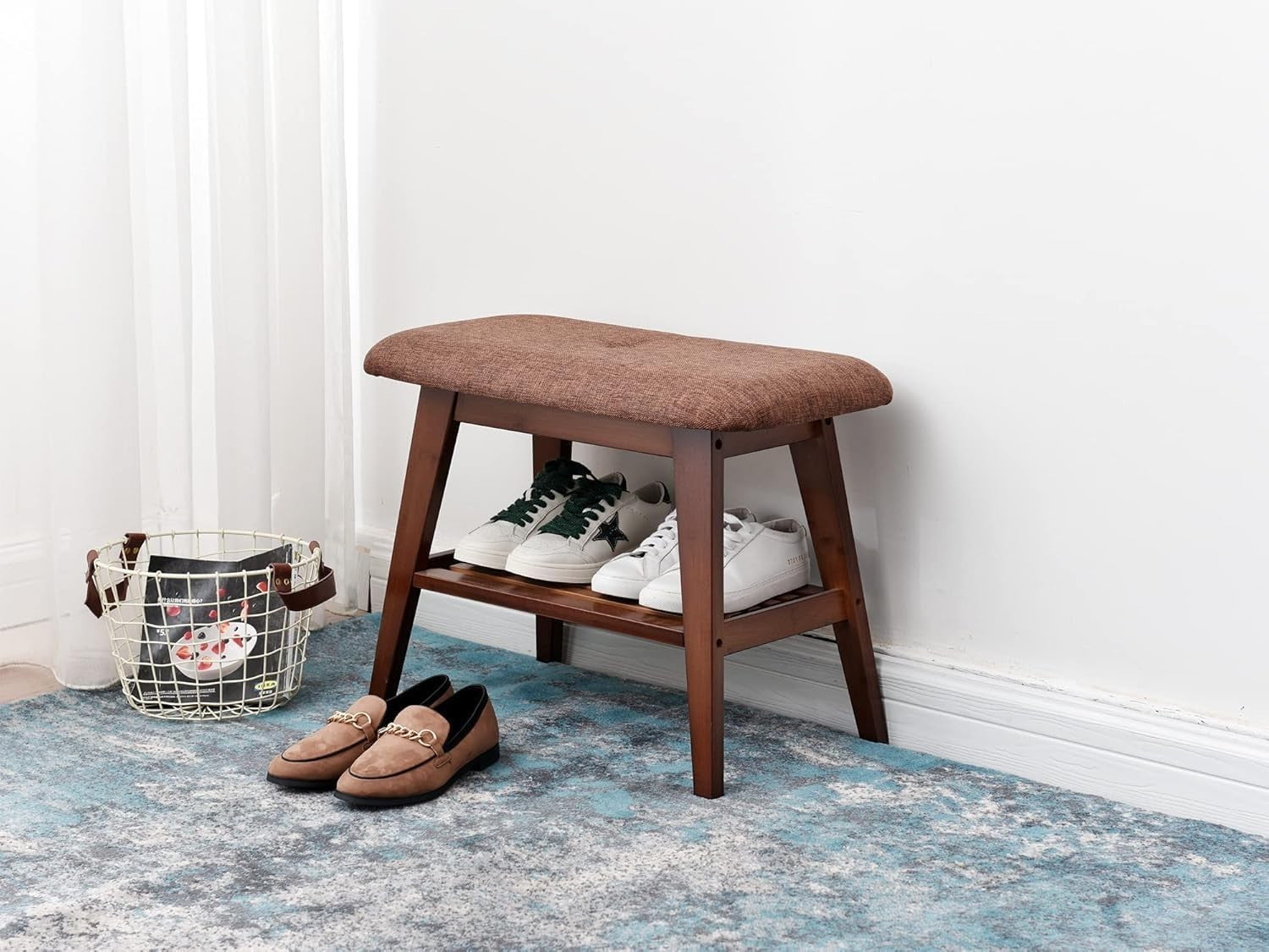 Durable Bamboo Shoe Bench with Cushion & 2-Tier Storage Rack 60cm Brown