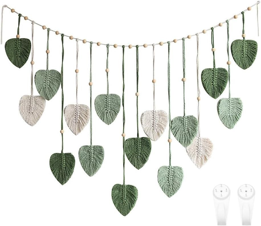 Large Boho Macrame Wall Hanging Leaf Tassel Wooden Bead Decor