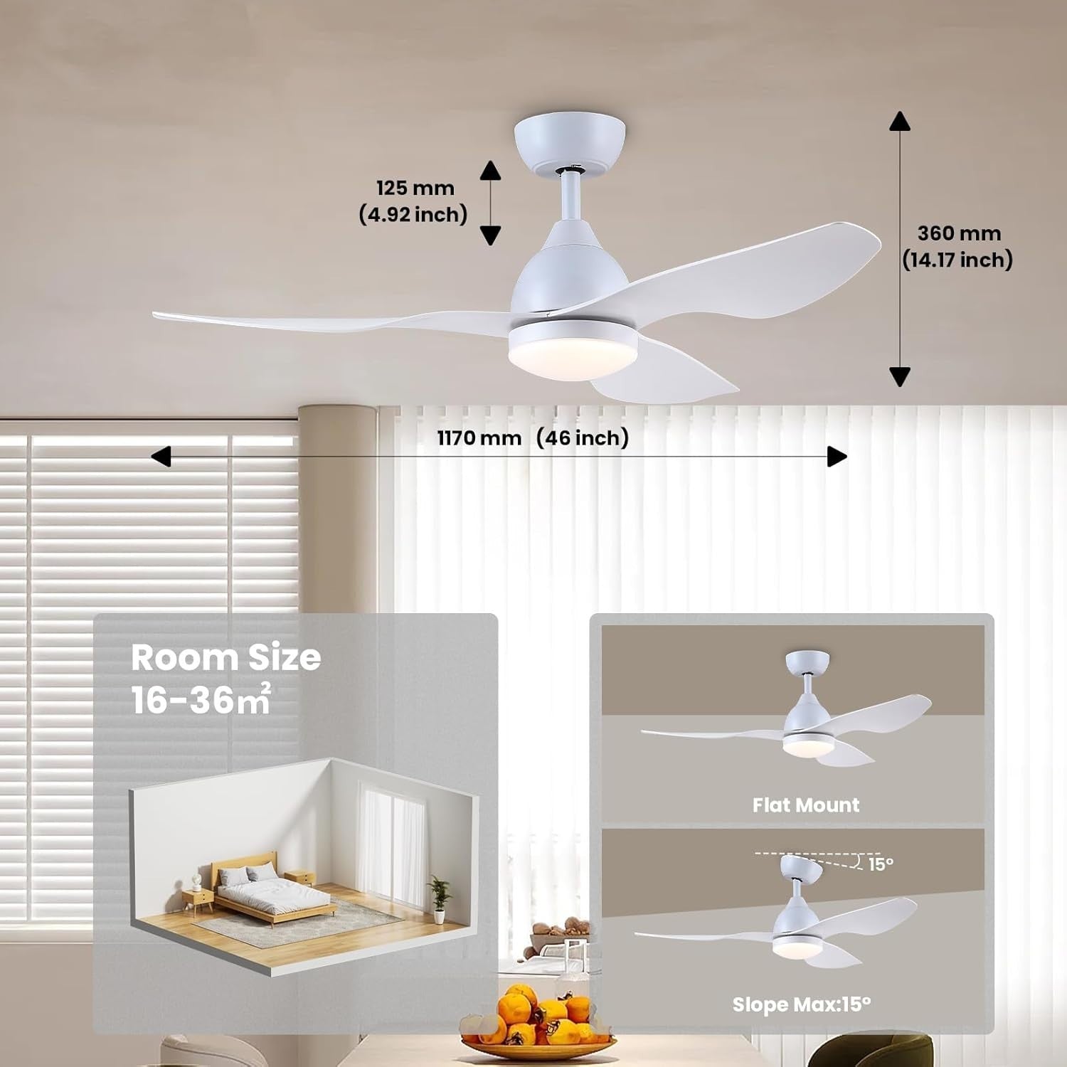 46" White Ceiling Fan with Lights, 6 Speeds, Dimmable LED, Remote Control