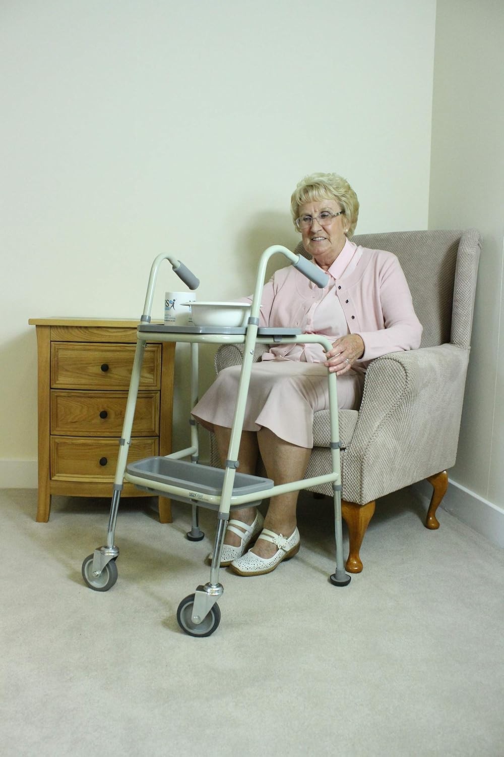 Height Adjustable Walking Trolley with Wheels Trays Indoor Support