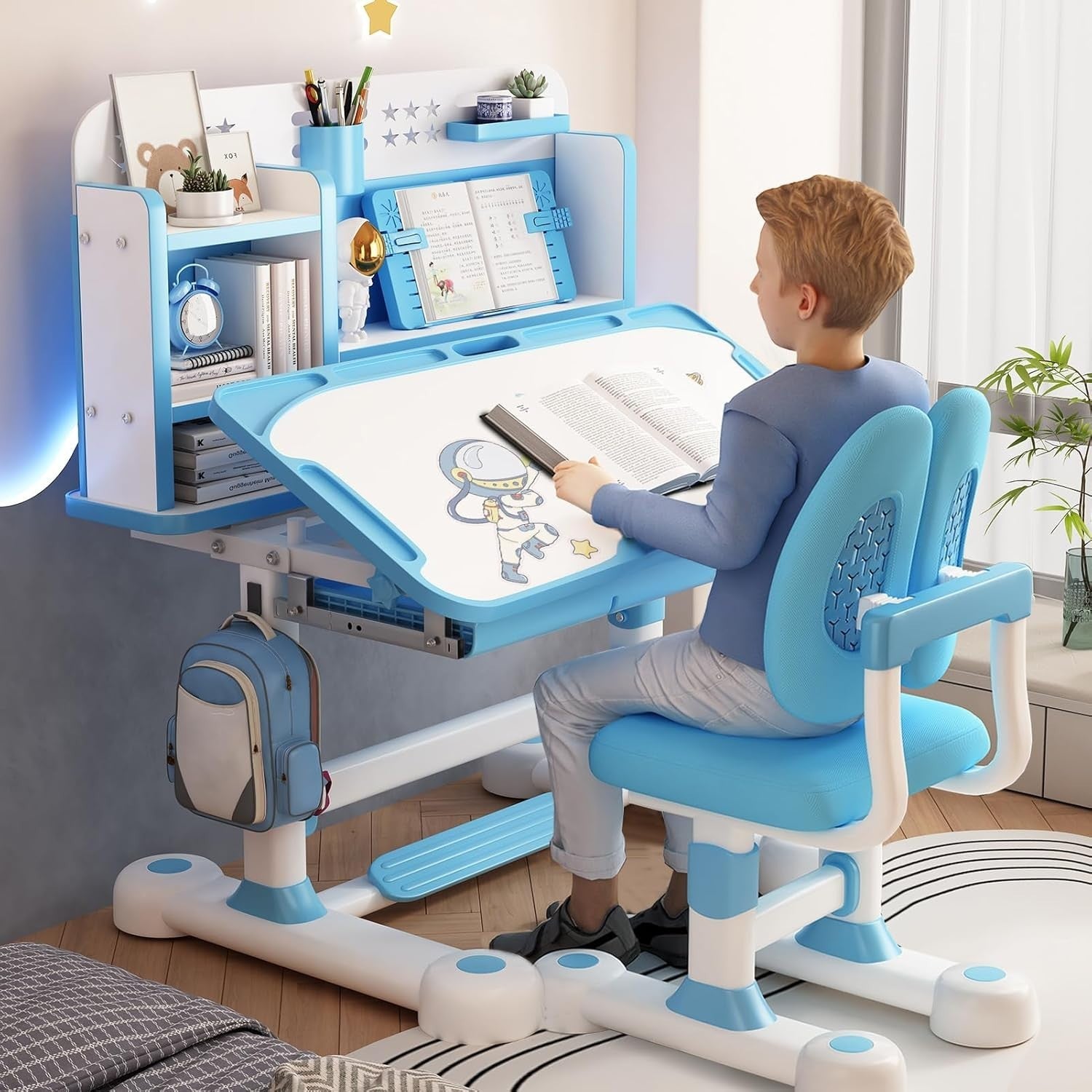Adjustable Kids Study Table & Chair Set with Storage, Large Desk Blue-4