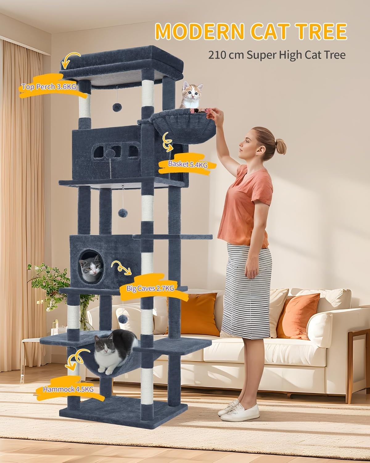 210cm Tall Cat Tree Tower Multi-Level Scratching Posts Condos Large Cats