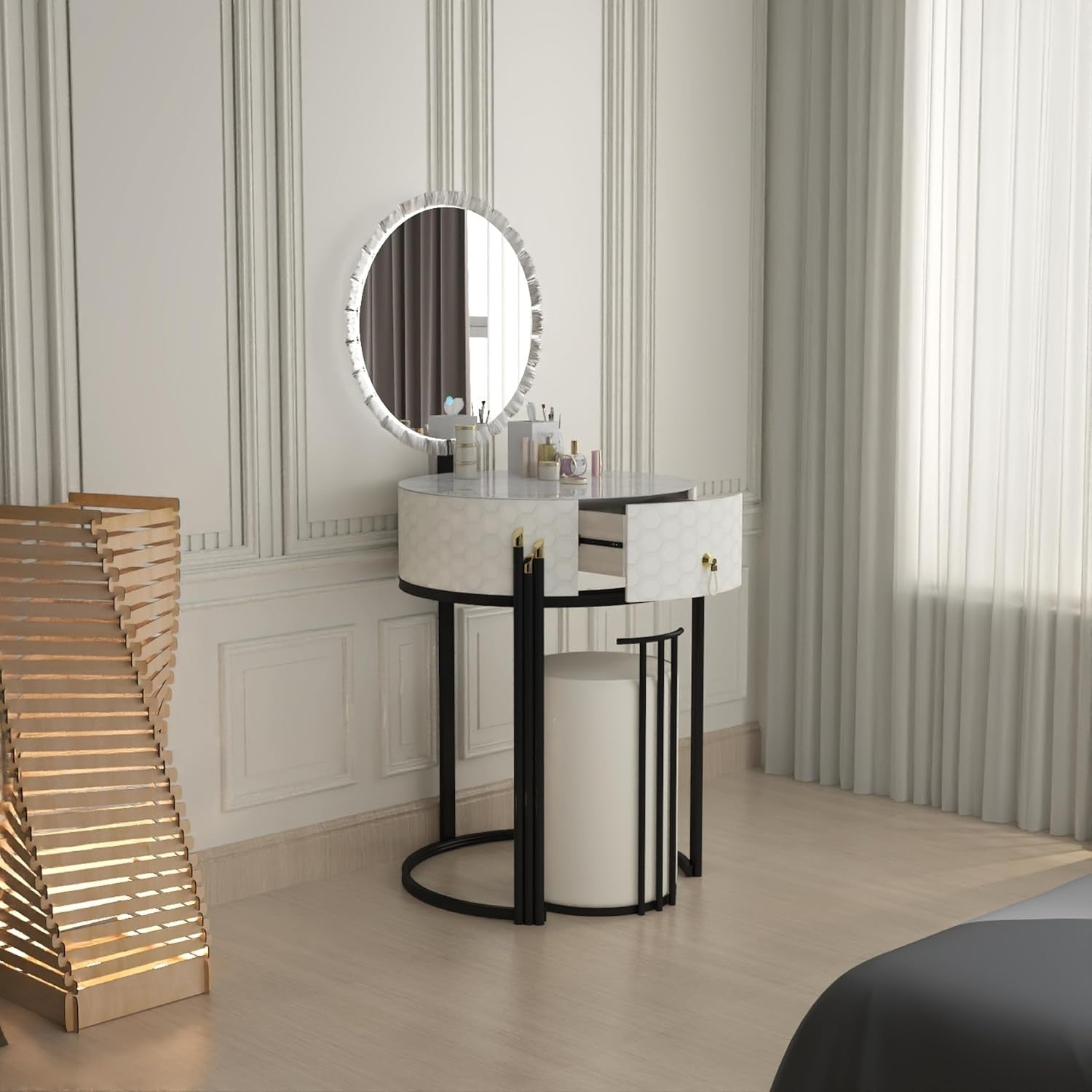 White Modern Dressing Table Vanity Set High Gloss Finish Mirror & Stool