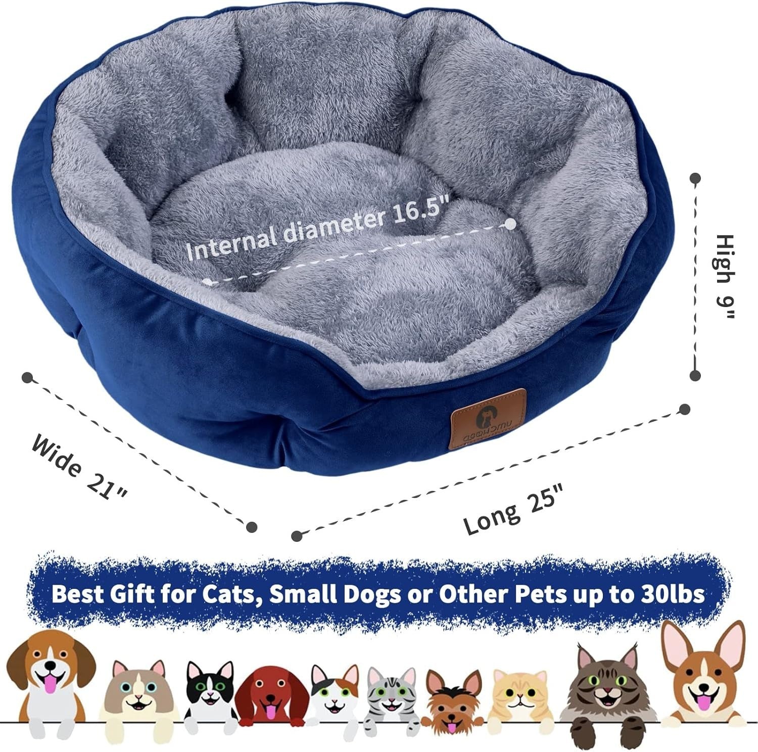 Medium Dog Cat Bed 25in Sherpa Fleece Washable Pet Bed Non Slip Blue