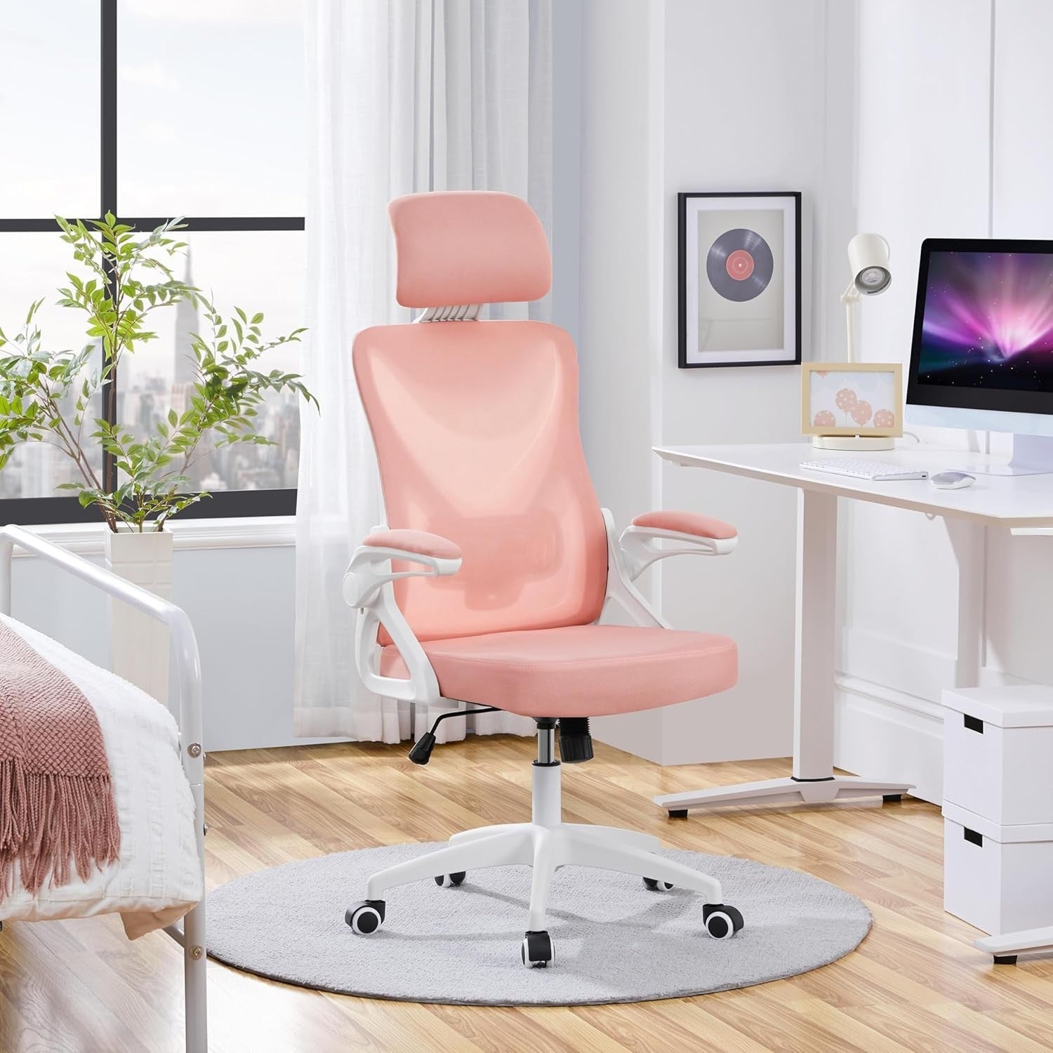 Ergonomic Mesh Office Gaming Chair Adjustable Lumbar Headrest White/Pink