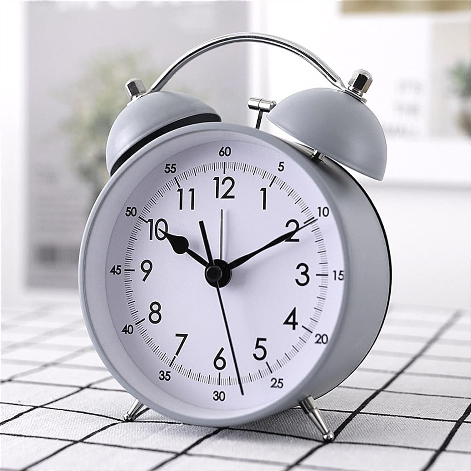 Vintage Twin Bell Alarm Clock Loud Silent Non-Ticking Silver Grey Bedside