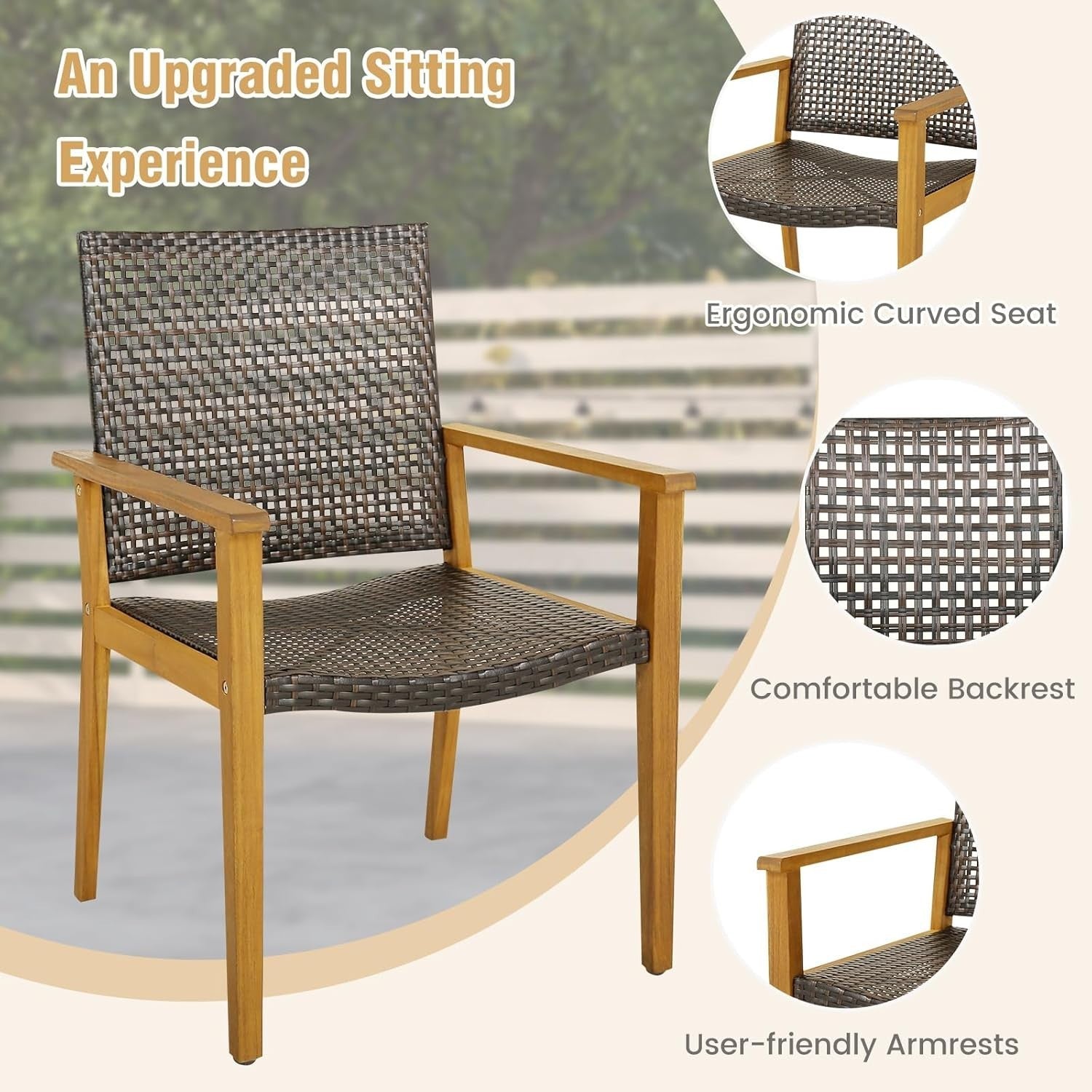 4x Garden Dining Chairs Acacia Wood Rattan Armchairs Outdoor Patio Set