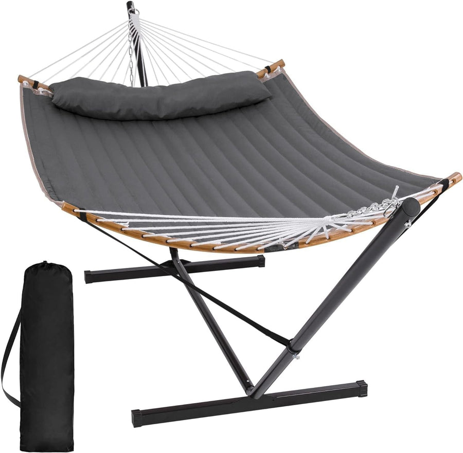 Portable Double Hammock with Stand, Curved Spreader Bar & Pillow – 450lbs