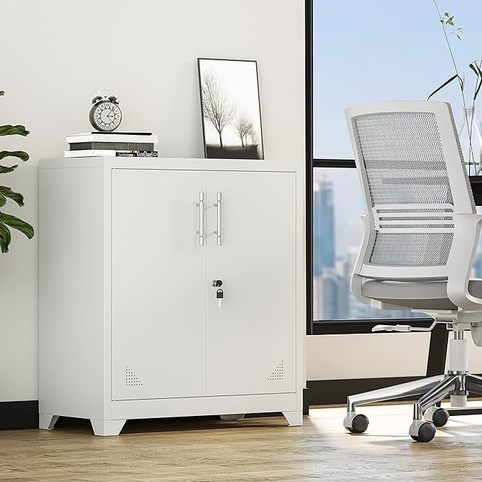 White Metal Office Storage Cabinet 2 Door Lockable Cupboard with Adjustable