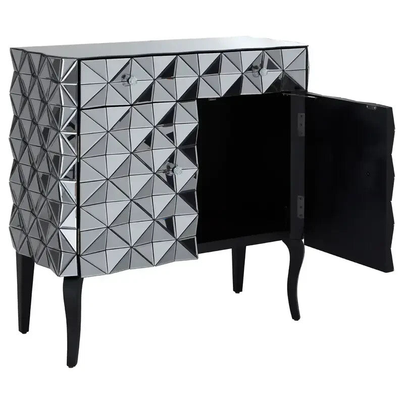 Silver Mirrored Cabinet Modern Geometric Storage Unit with 3D Design