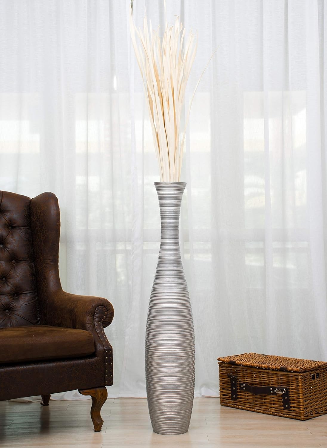 Tall Silver Floor Vase 105cm Wooden Decor for Pampas Grass Display
