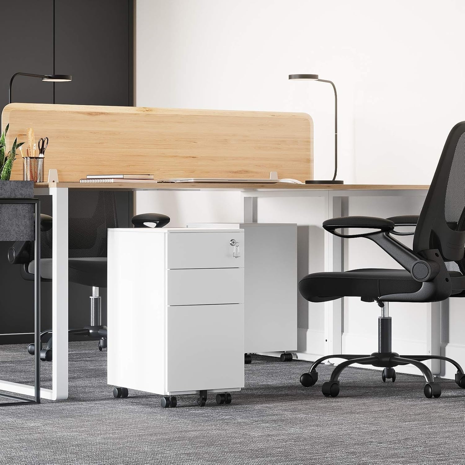 White Mobile File Cabinet 45x30x60cm Lockable Steel 3 Drawer