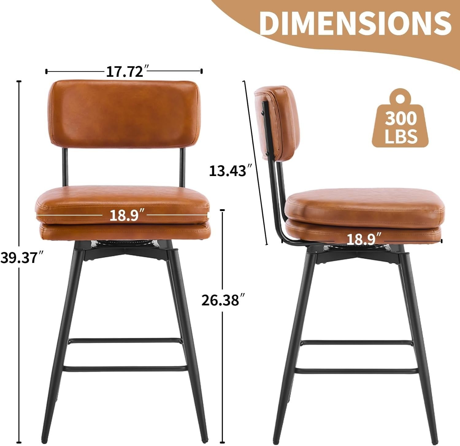 360° Swivel Bar Stools Set of 2 | Brown PU Leather Counter Chairs