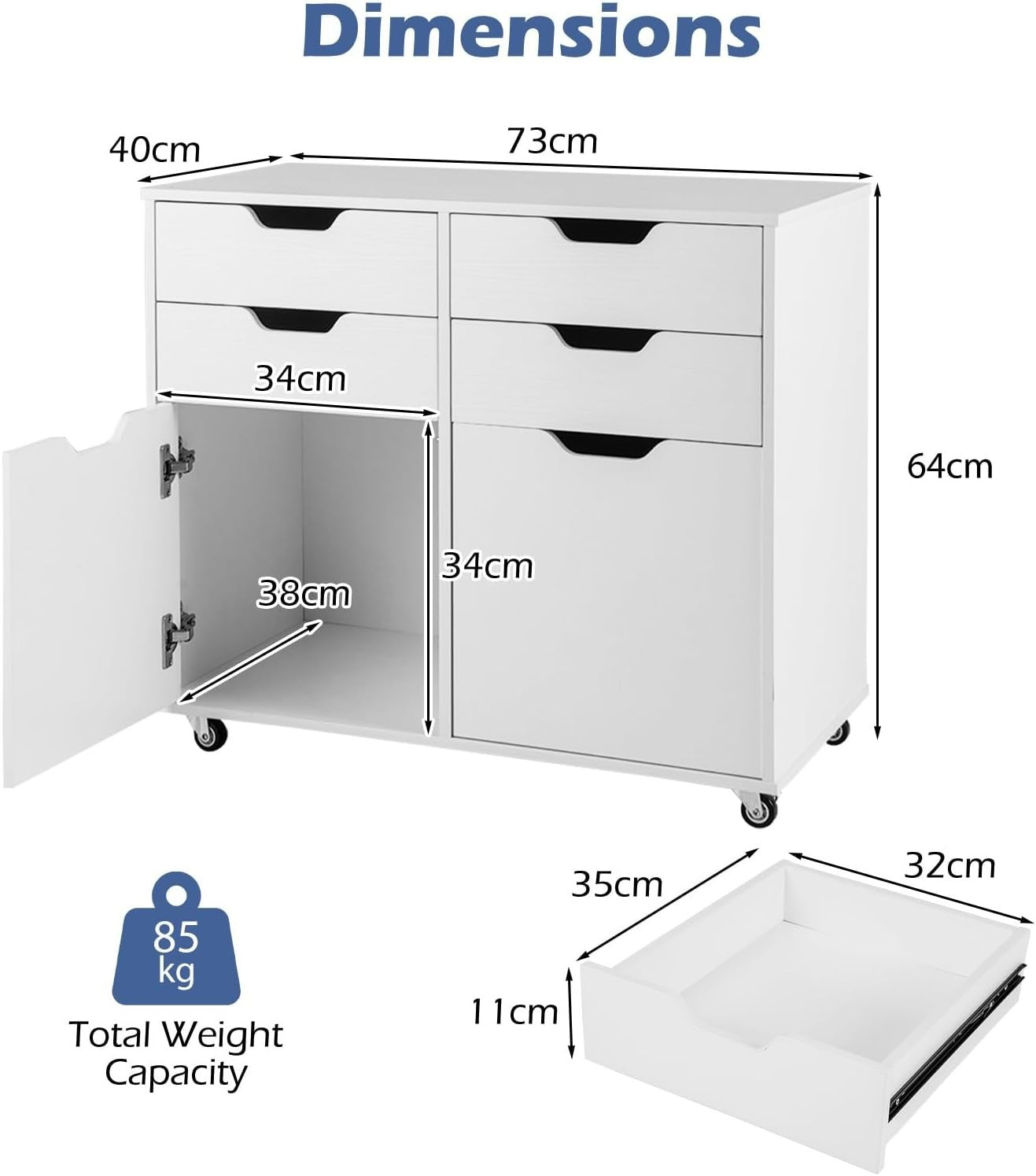 White Mobile File Cabinet 4 Drawer 2 Door Rolling Printer Stand