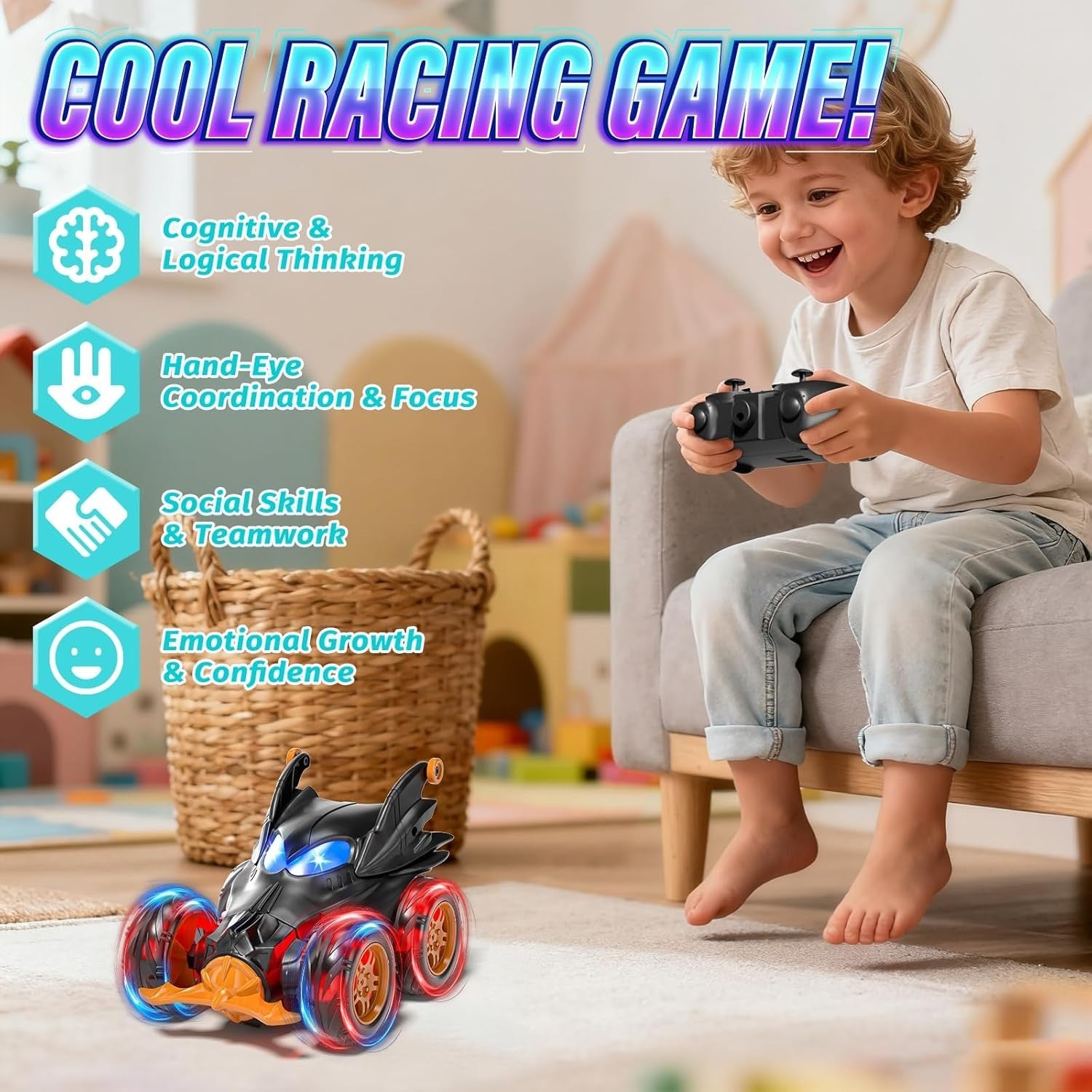 2.4GHz RC Stunt Car 4WD Bat Truck 360° Flips Lights Fast Remote Control Toy Kids