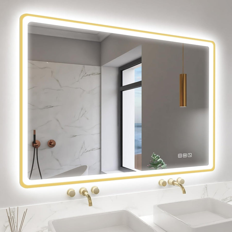 LED Bathroom Mirror 70x100 cm Gold Frame, Bluetooth, Anti-Fog, Dimmable