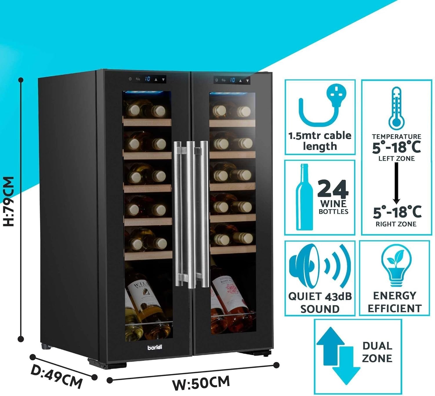 24 Bottle Dual Zone Wine Cooler Fridge Touch Screen LED Mirror Glass Doors