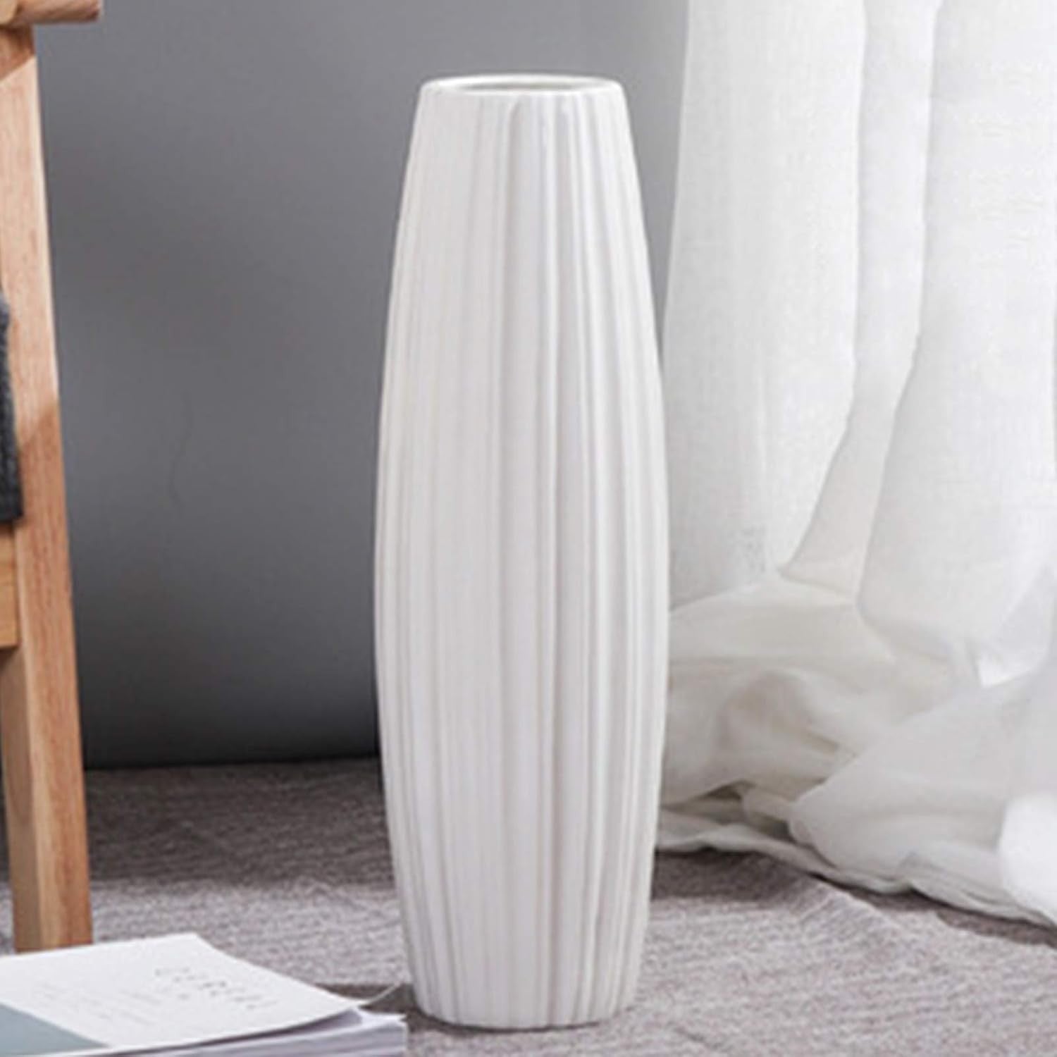 Tall Floor Vase 45cm White Striped Ceramic Pampas Grass Modern Home Decor