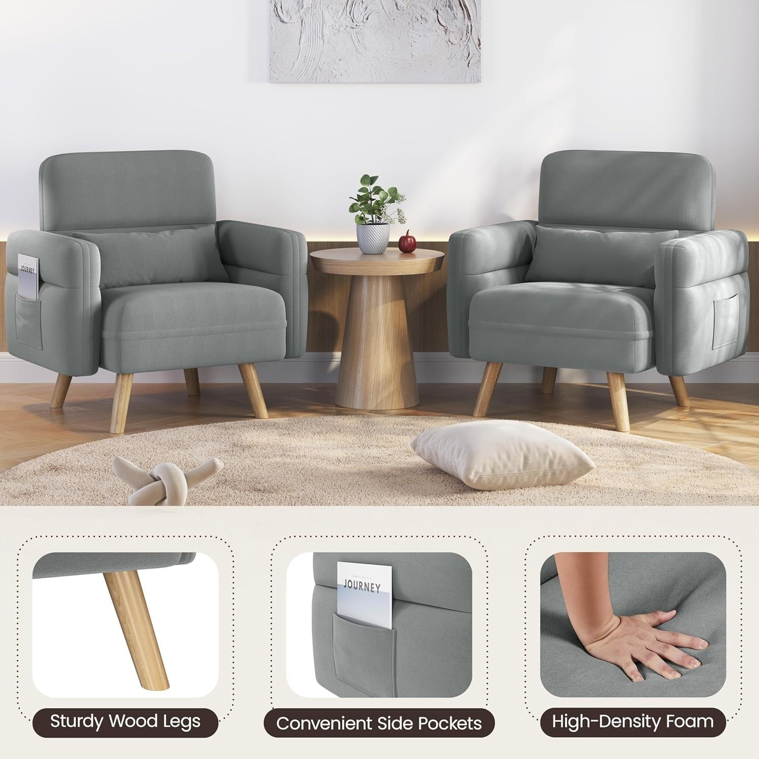 Modern Small Grey Fabric Armchair with Storage Pockets & Lumbar Support