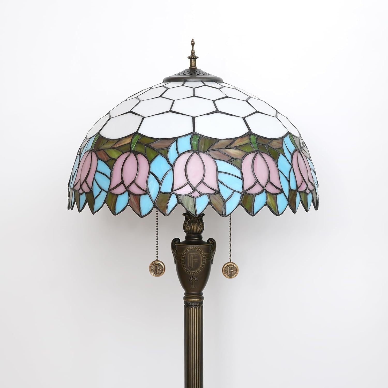 Pink Tulip Stained Glass Floor Lamp with Vintage Bronze Base & Foot Switch