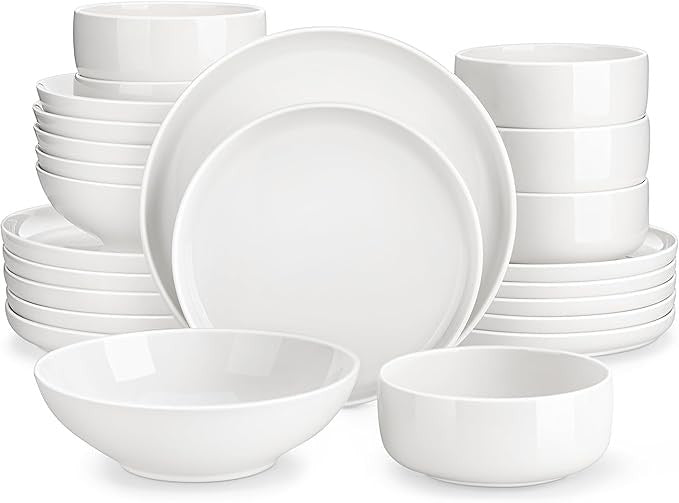 24 Piece White Dinner Set Plates Bowls Porcelain Service for 6 Chip Resistant