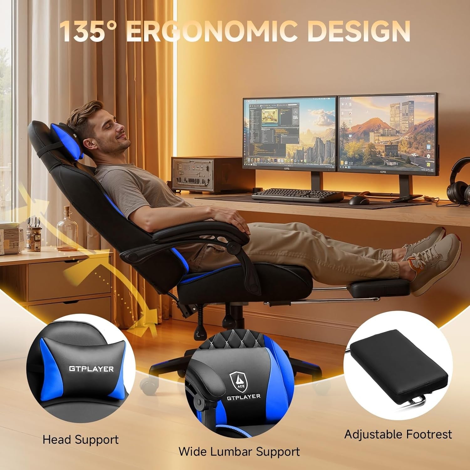 Gaming Chair High Back Leather Footrest Ergonomic Blue