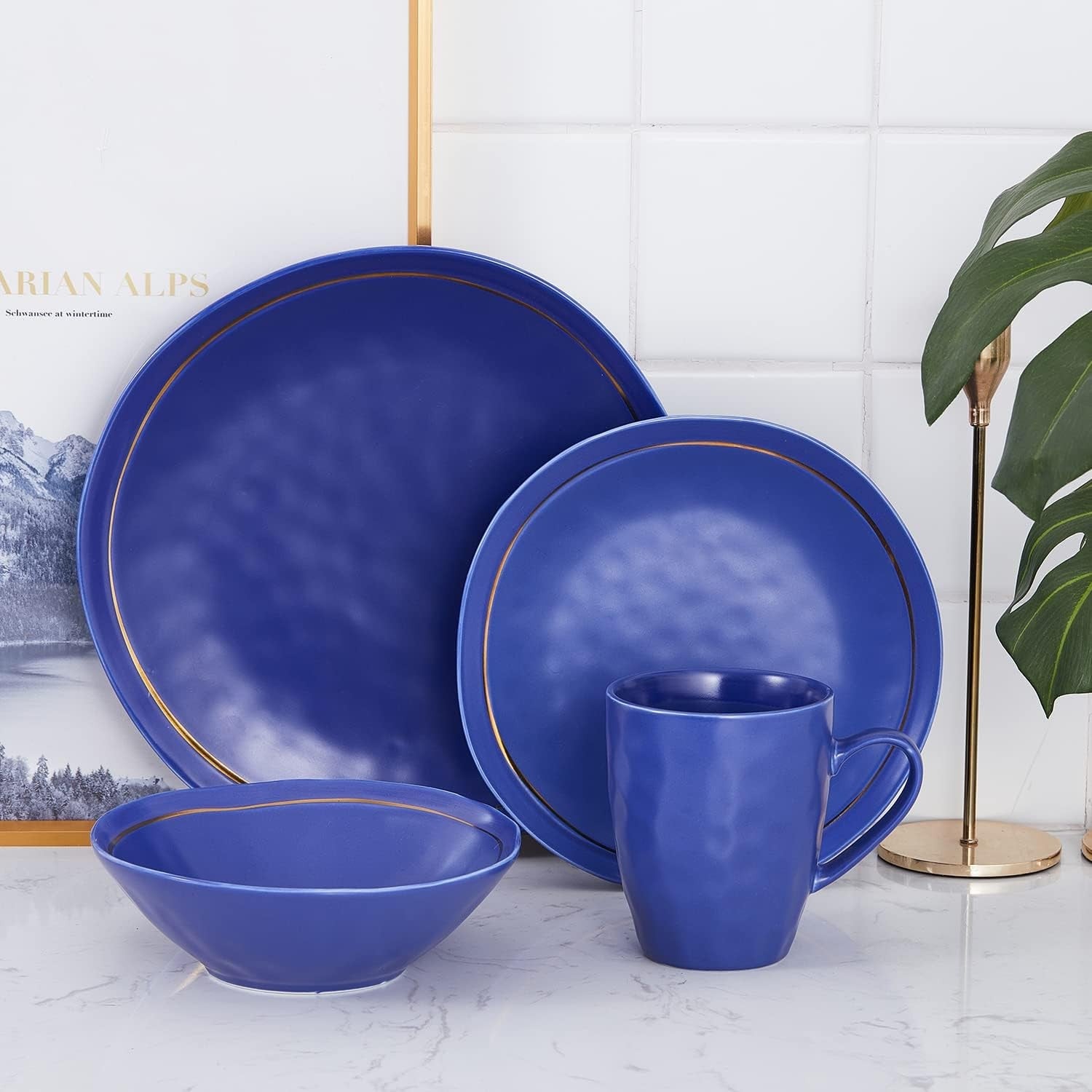Blue Porcelain Dinnerware Set 16 Piece Service for 4 Dishwasher Safe