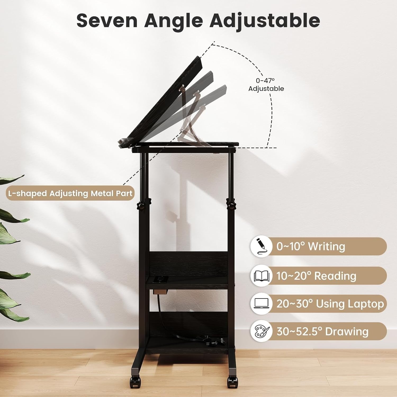 Adjustable Overbed Laptop Desk with Charging Station Wheels Storage Shelf