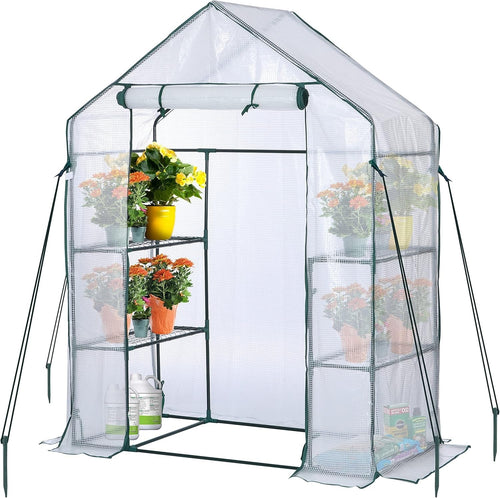 Walk-In Greenhouse 4 Shelves | Reinforced PE Cover | Steel Frame | Compact