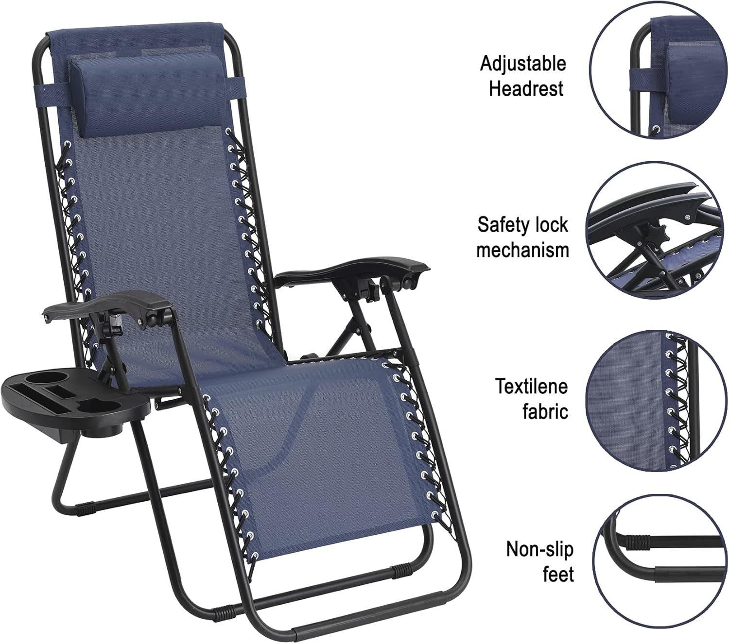 Zero Gravity Outdoor Reclining Chairs Set of 2 Foldable Sun Loungers Navy